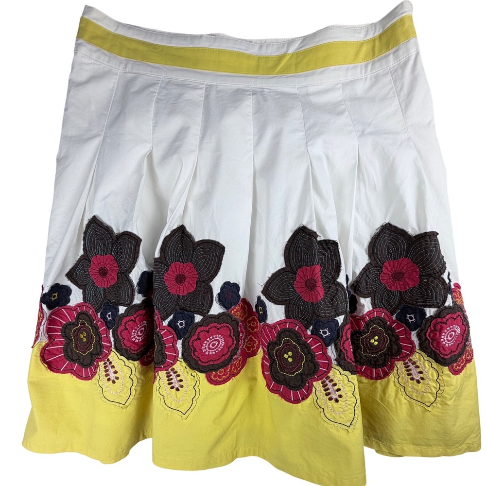 Vintage Pura Vida Floral Applique Pleated Skirt White Yellow Boho Retro Size 6